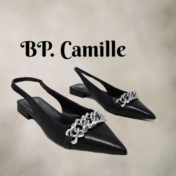 BP. Camille Black Faux Leather Sandels Sz 6M Sling Back Silver Tone Chain Bit - Picture 1 of 9